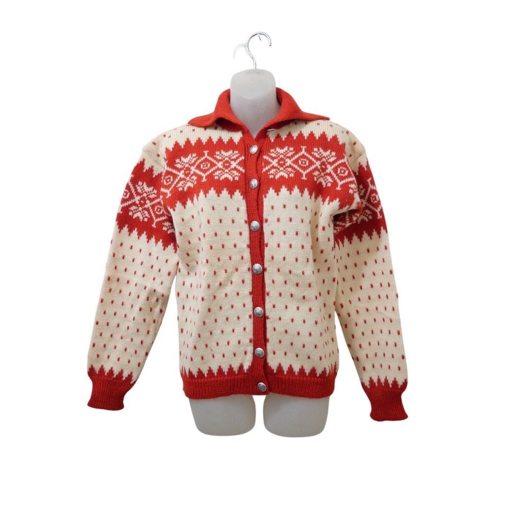 Vintage Monod Sports Banff Wool Fair Isle Cardigan Red Cream Hand Knit S/M Lk Nw